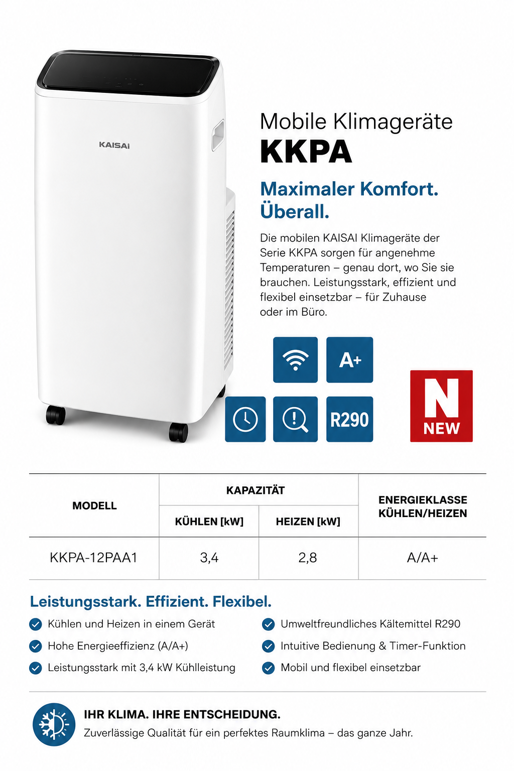 Mobile Klimaanlage 12.000 BTU mit Heizfunktion – KAISAI KKPA-12PAA1
