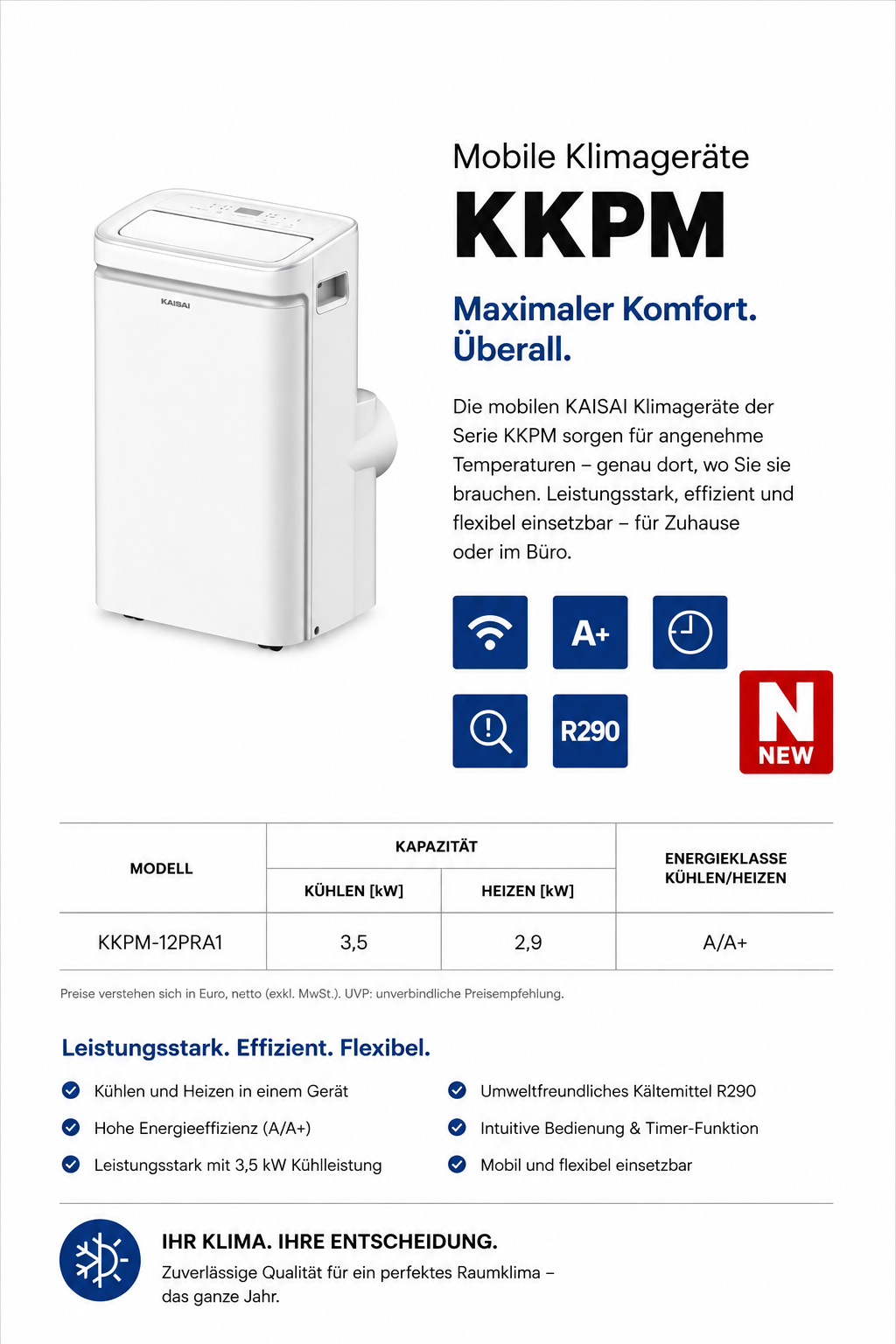 Mobile Klimaanlage 12.000 BTU mit Heizfunktion – KAISAI KKPM-12PRA1